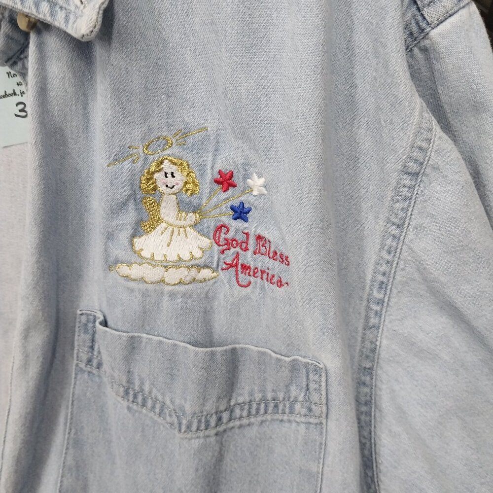 3168 Size XL Port & Company Jean Upcycled Button Down Tunic In Purple and Green - Picture 4 of 7